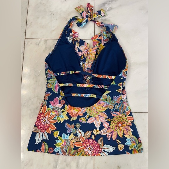 Bleu by Rod Beattie, womens 8, tankini top ruffles halter neck floral navy blue - Picture 2 of 7